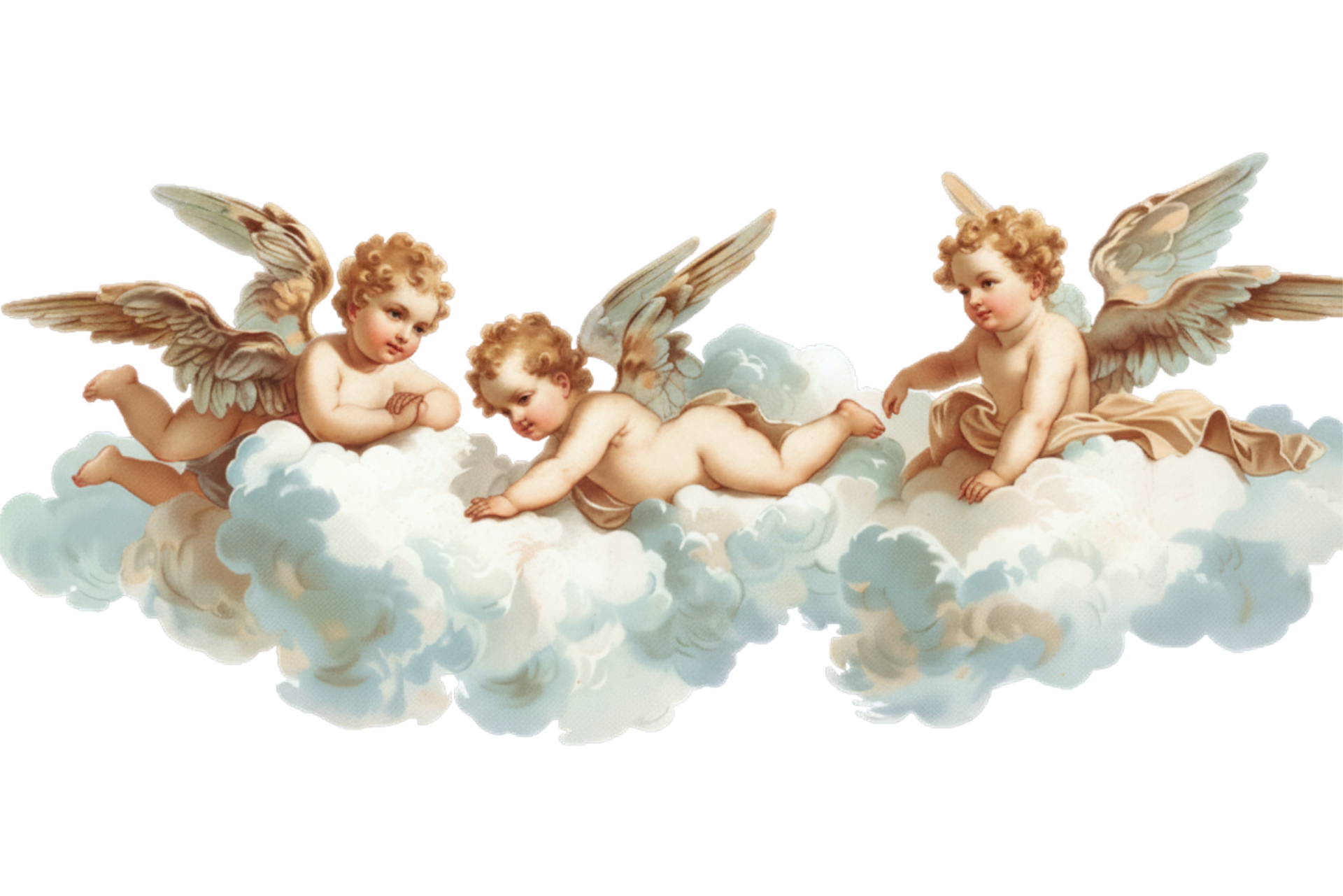 Three cherubic angels with curly hair and wings resting on and floating above soft clouds.